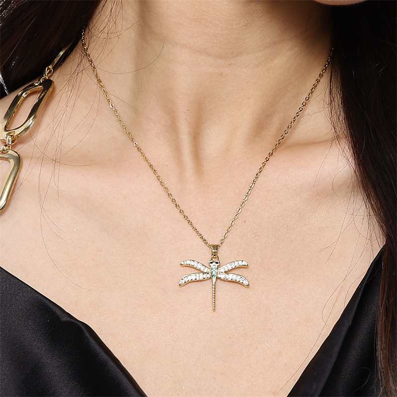 Stainless Steel Titanium Steel Elegant Simple Style Dragonfly Plating Inlay Zircon Pendant Necklace display picture 4