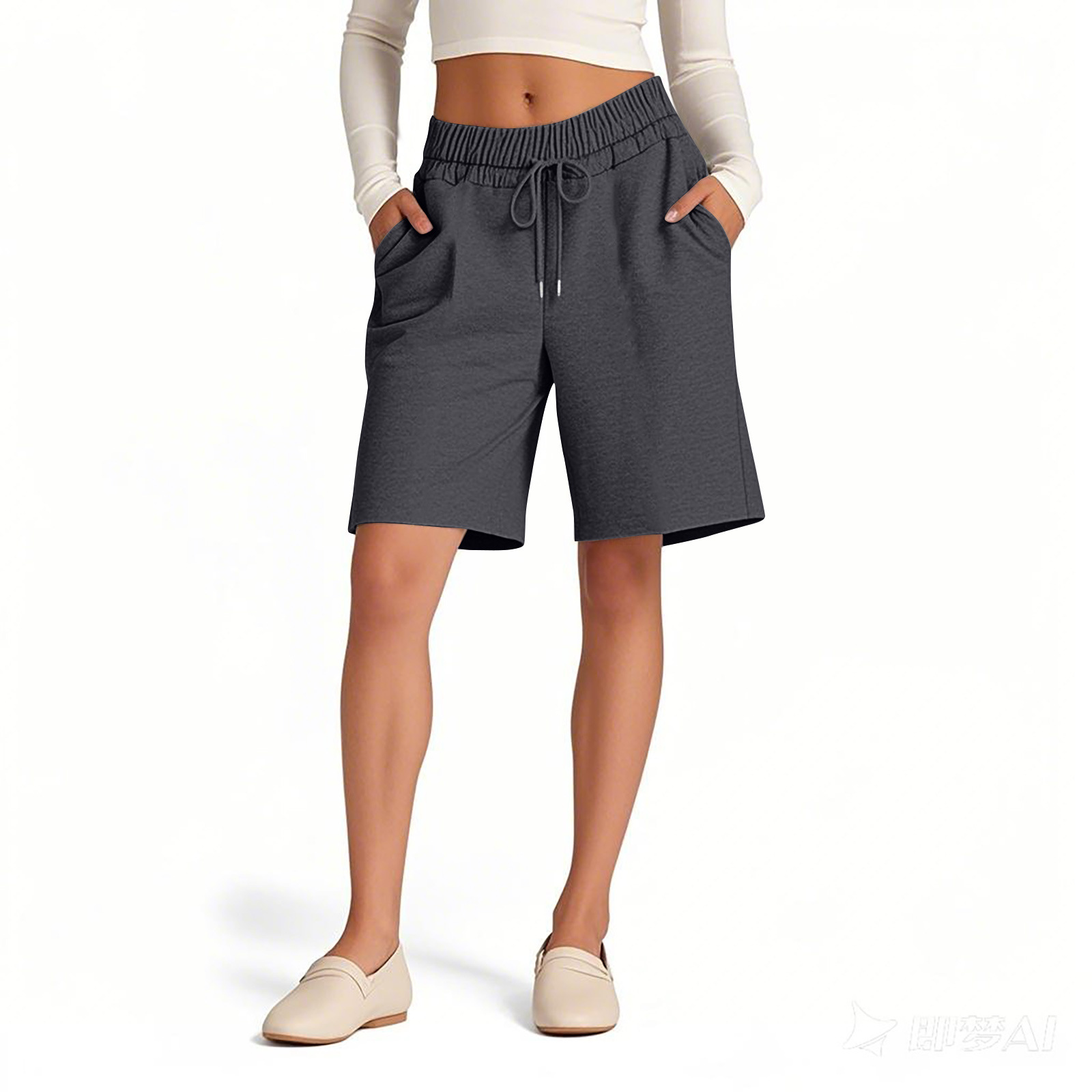 Loose Fit Women's Shorts Elastic Waist Solid Colour Casual Style_voghion.com