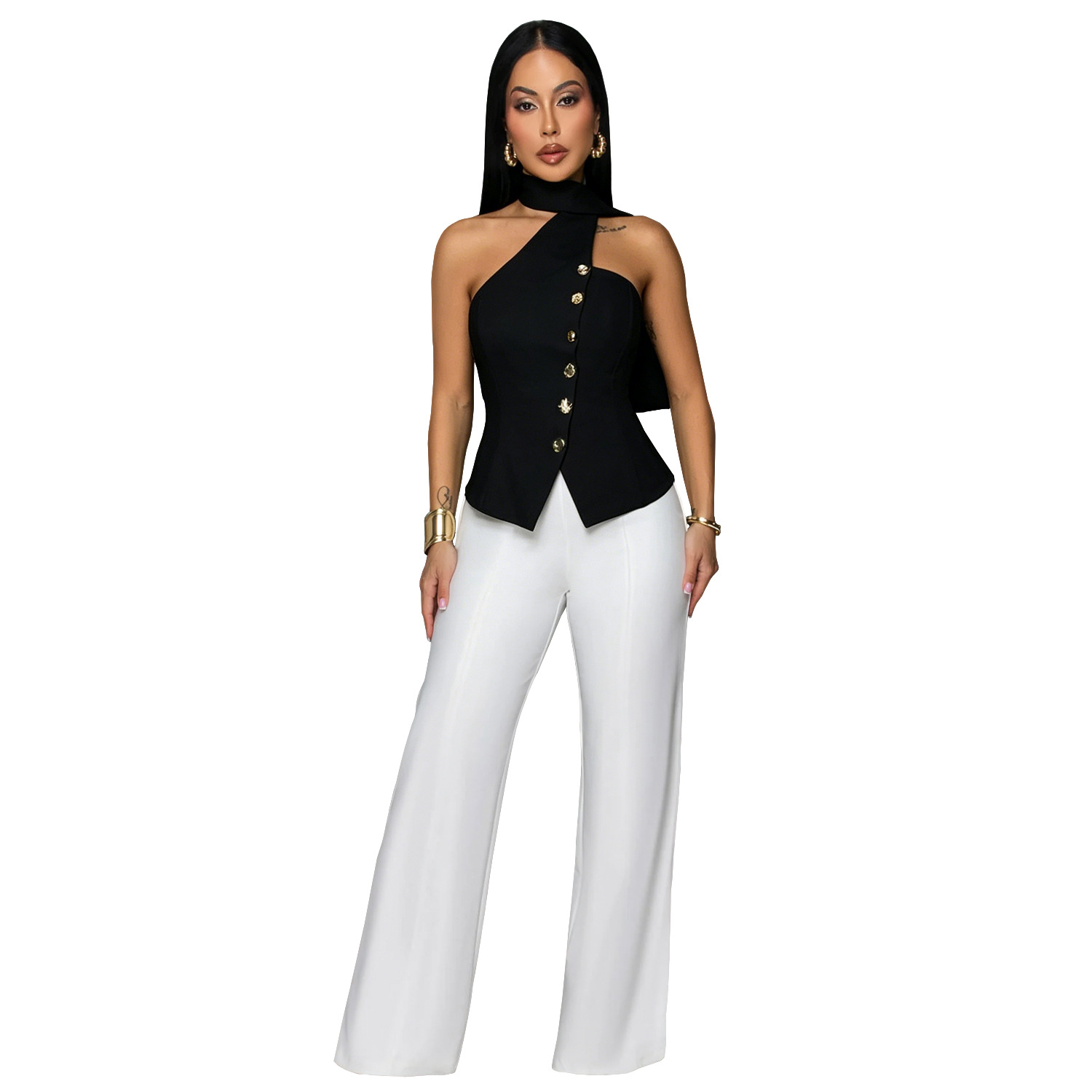 C7756 transfronterizo 2026 nueva ropa de mujer europea y americana de verano cuello de viaje de vestir chaqueta de regazo pantalones de piernas anchas dos piezas nuevo conjunto
