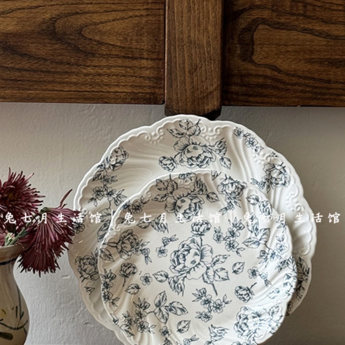 兔七月|法式中古玫瑰碎花甜品盘菜盘日式ins陶瓷意面盘平盘花边L^
