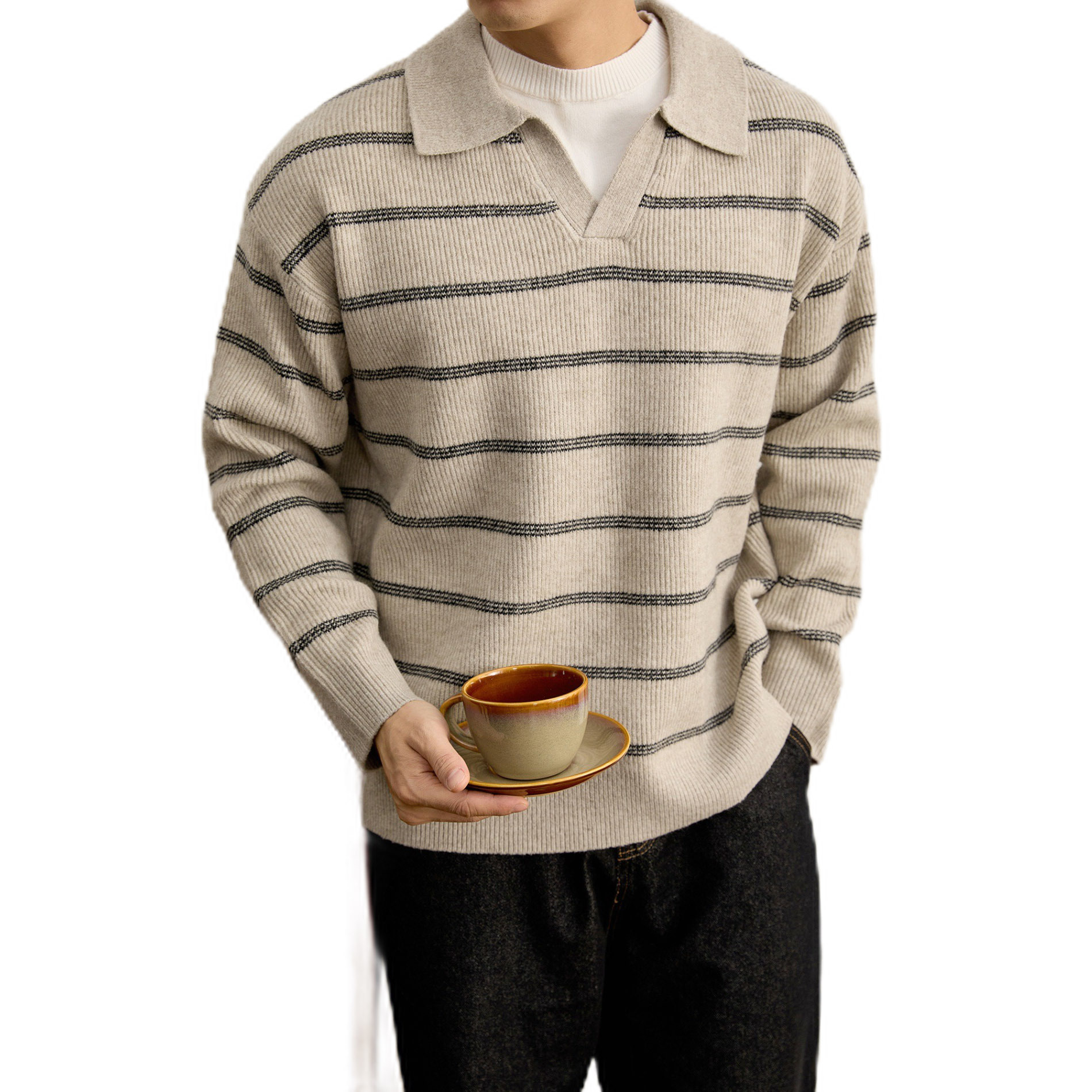 Explosiones transfronterizas de tamaño grande falso de tamaño europeo dos piezas de polo a rayas suéter de punto hombre viejo viento de fábrica de cuello V al por mayor