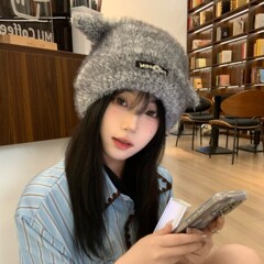 毛绒可爱耳朵套头帽子女秋冬韩版百搭包头毛线帽保暖显脸小针织帽