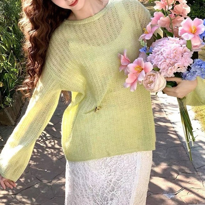 2025 Spring New Alpaca Wool Loose Blouse [Lemon Cream] Hollow Crochet Wool Sweater Women's Top