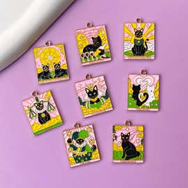 塔罗牌黑猫项链吊坠diy挂件合金饰品配件滴油卡通钥匙扣包包跨境