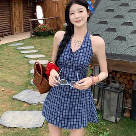 韩系V领蝴蝶结挂脖格子吊带背心女夏季中长款露背裙摆式无袖上衣
