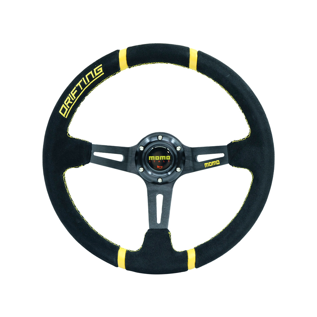 Qìchē – 14 inch MOMO Steering wheel - black-frame-yellow-ring-yellow-line