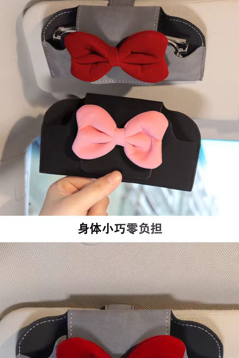 Car-Mounted Glasses Case with Bowknot, Pu Leather Glasses Clip, Car Sun Visor Sunglasses Storage Clip, Magnetic Glasses Clip