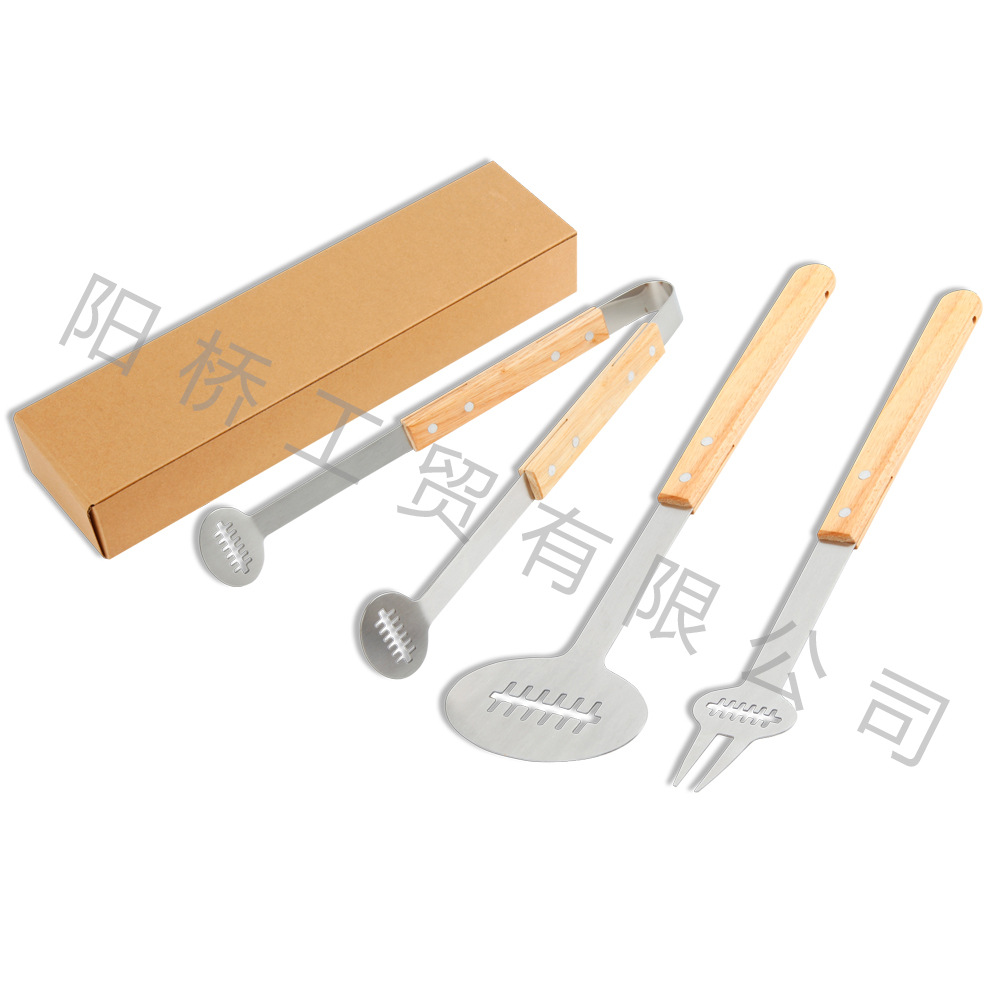 Amazon Hot sale acero inoxidable parrilla al aire libre herramientas de rugby set BBQ hogar mango de madera parrilla set