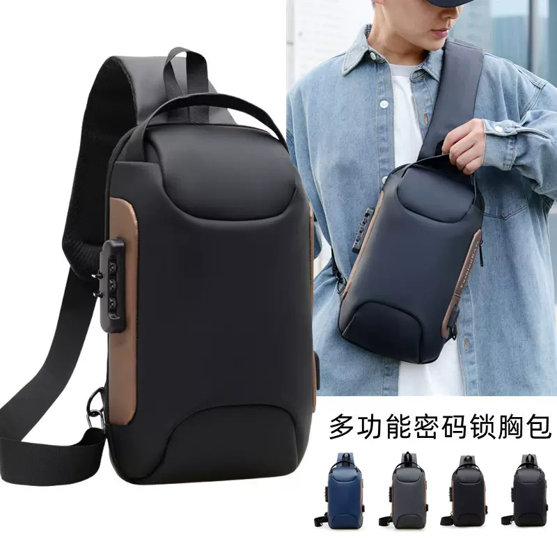 密码锁男士胸包防盗USB手机斜挎背包休闲运动骑行胸前包跨境男包
