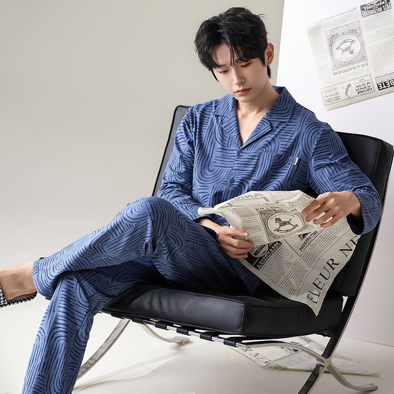 Pijama de algodón masculino de otoño cardigan de mangas largas pantalones largos primavera y otoño juveniles de tamaño grande con solapa set de ropa de casa