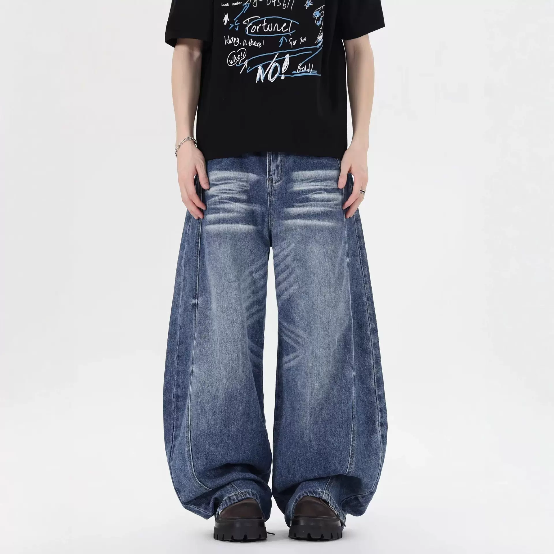 美式复古潮牌垂感牛仔裤男百搭宽松阔腿长裤猫须设计感牛仔裤男