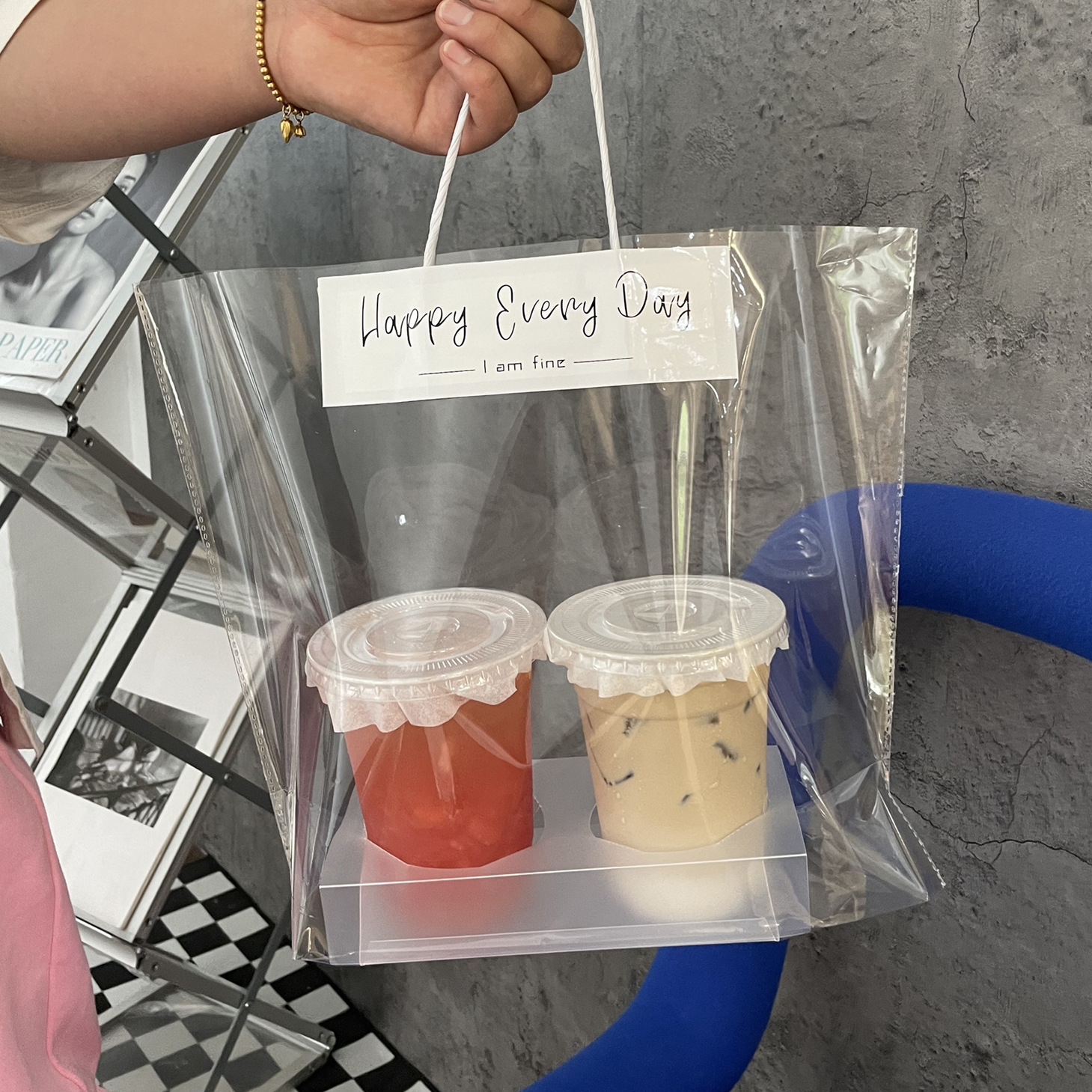 网红透明手提奶茶袋子咖啡打包袋袋双杯袋单杯外卖包装袋LOGO