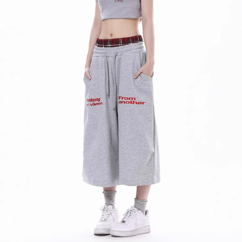 Plaid patchwork double-waisted casual shorts for women, 2026 summer American style loose gray sweatpants, wide-leg straight cropped pants