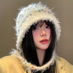 加绒秋冬季毛线帽女款彩虹糖豆豆渔夫帽加厚包头护耳保暖针织盆帽