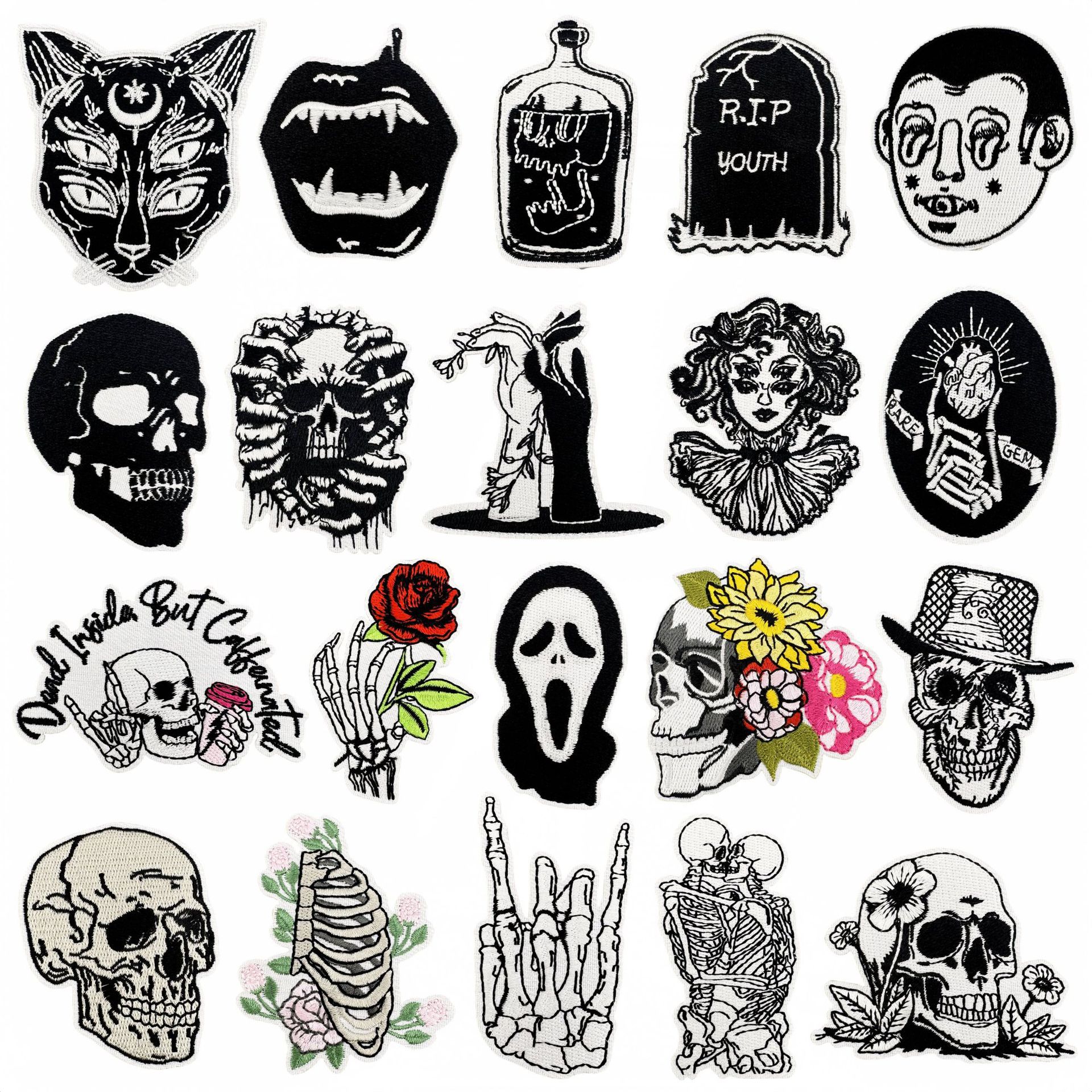 新款搞怪骷髅布贴跨境绣花批发徽章热熔胶熨烫款黑色系列电绣优惠