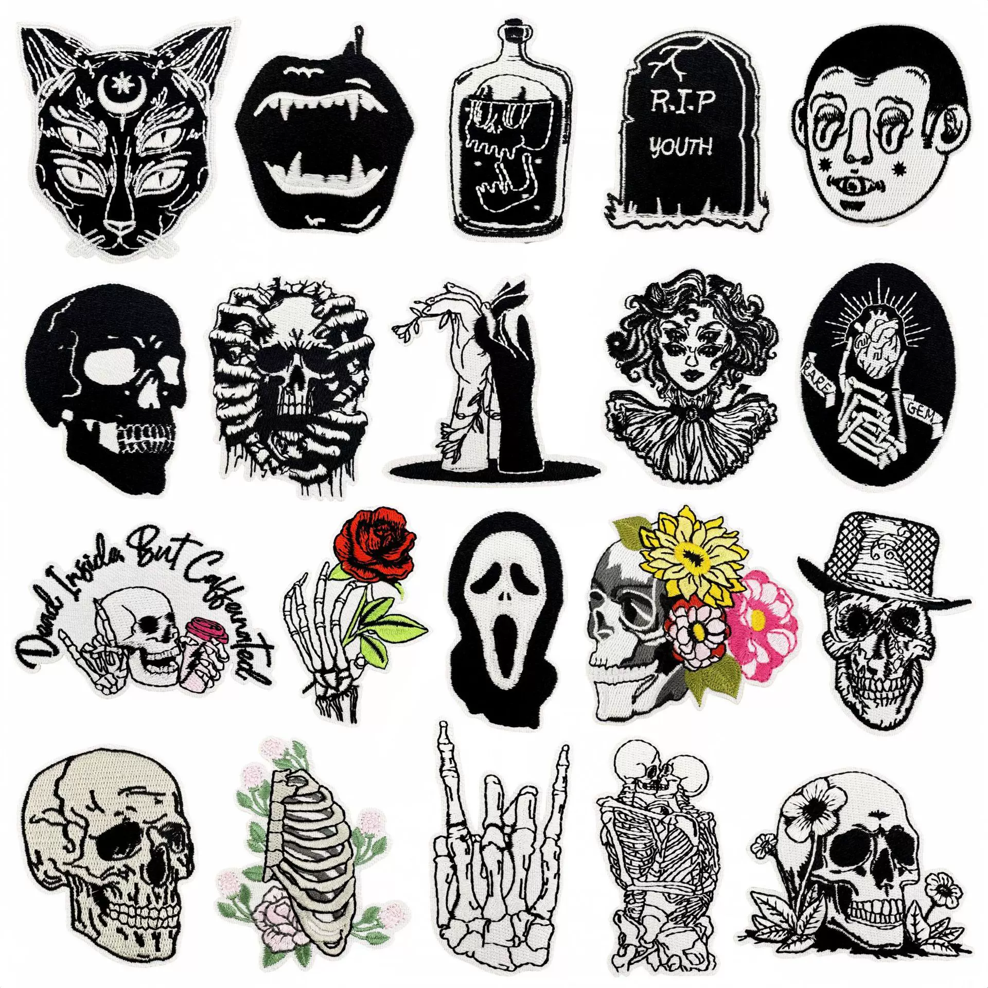 新款搞怪骷髅布贴跨境绣花批发徽章热熔胶熨烫款黑色系列电绣优惠