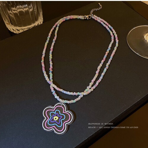 Double-layered stacked sweet and cool style necklace, cute heart-shaped star pendant, girlish floral colorful beaded necklace accessory