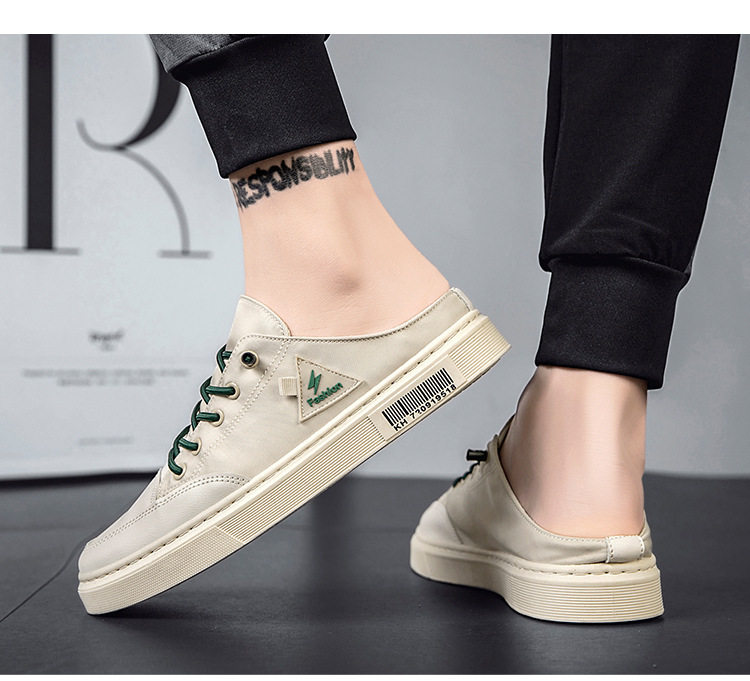Dép nửa gót không gót nam vải canvas thoáng khí, quai ngang buộc dây, gót thấp 1–3 cm — lạc đà trắng, màu be, màu xám trắng, màu đen chi tiết 30