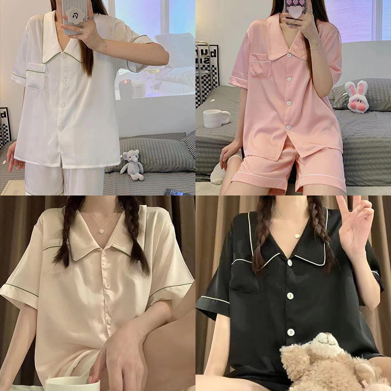 Summer short-sleeved artificial silk doll collar cute girl solid color Korean style Ice Silk home wear live broadcast two-piece set delivery