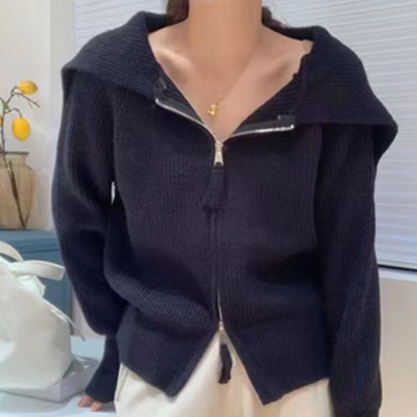 デザイン感のあるジッパーのカーディガンのセーターのコートの女性の秋冬の優しい風のニットのchiの外は底のシャツの上着を着ます。|undefined