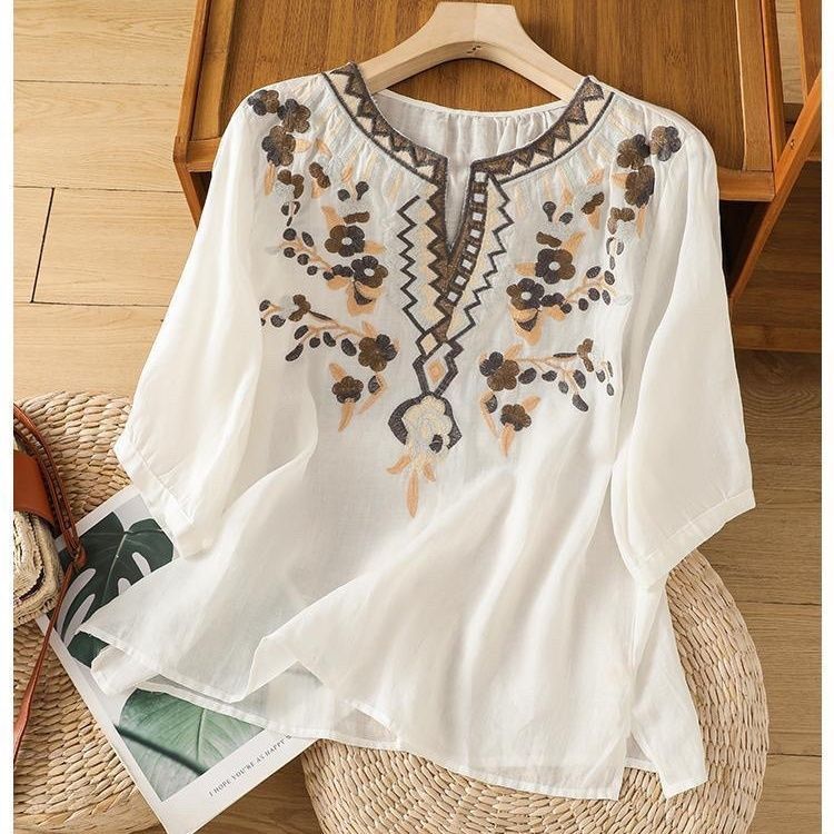 New Ethnic Retro Heavy Embroidery Cotton and Linen Shirt, Stylish Casual Summer Pullover Shirt, Loose Artistic Top