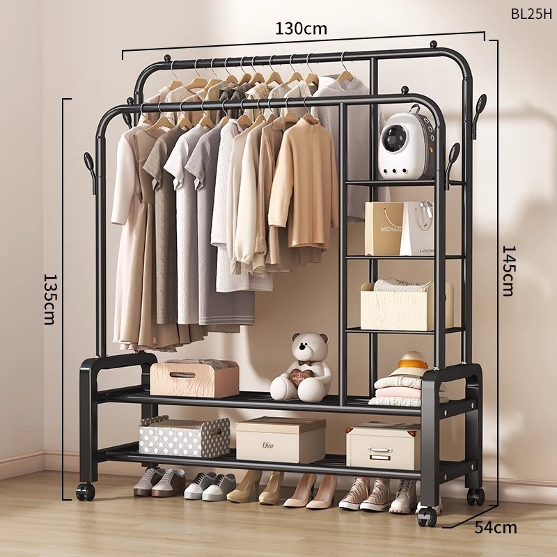 130cm 블랙 [이중봉+이중수납+측면3단수납+회전바퀴+옷고리] 두꺼운 파이프 직경