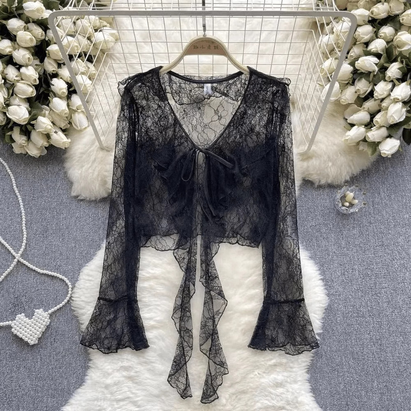 Pure Desire Style Personalized V-Neck Sun-Protective Clothing Women's Thin Summer Lace Trumpet Sleeve Lace-Up Cardigan Coat Shawl Blouse