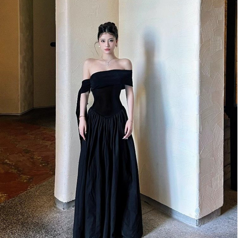 Summer Black Long Banquet Ins Super Popular Simple and Elegant Dress Women's Ribbon Long Skirt One-Shoulder Skirt