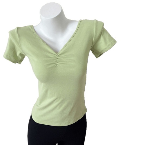 Dance Team Training Suit Ethnic Dance Wear Fitted V-Neck Pleated Yoga T-Shirt for Women Black Short Sleeve Underwear