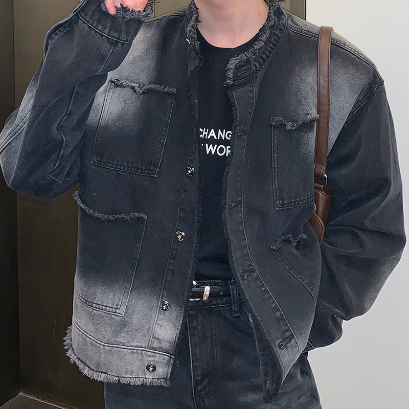 고민 거친 가장자리 패션 브랜드 하이 스트리트 데님 코트 남성용 느슨한 틈새 디자인 캐주얼 빈티지 그라디언트 재킷