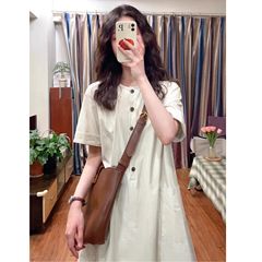 女性の夏の新しい文学的なレトロな日本のロングスカート、ゆったりとしたカジュアルな痩身半袖ドレス、小柄な怠惰なスタイル