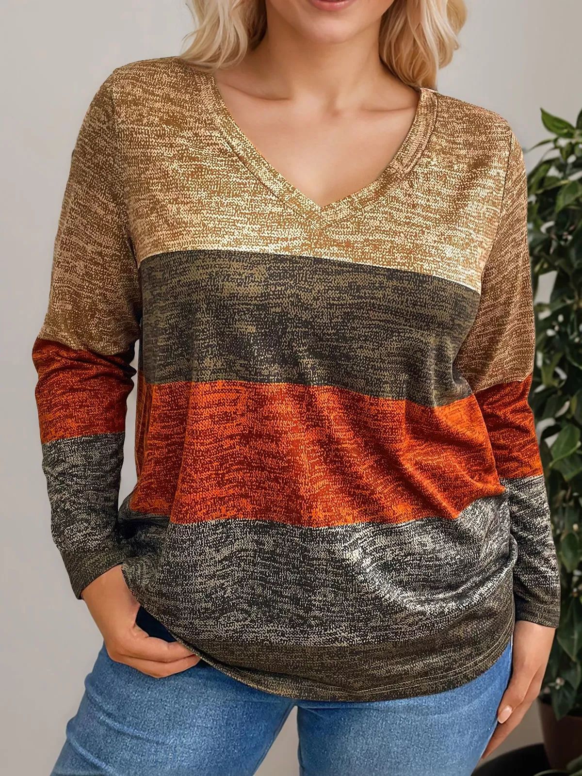 Camiseta de Mujer con Bloques de Color, Estilo Europeo y Americano, para Comercio Transfronterizo, Manga Larga, Cuello en V, Diseño de Color en Contraste, 2025 image 1