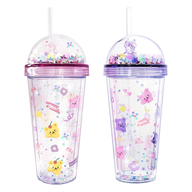 Taza de agua de paja taza de agua de alto aspecto Oso de cristal de doble capa taza de gran capacidad creativa Red Cup ins estilo