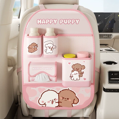 Car Two-In-One Multifunctional Seat Back Chair back anti-kick pad - pink-pom-pom-teddy-anti-kick-storage-comes-with-waterproof-bucket