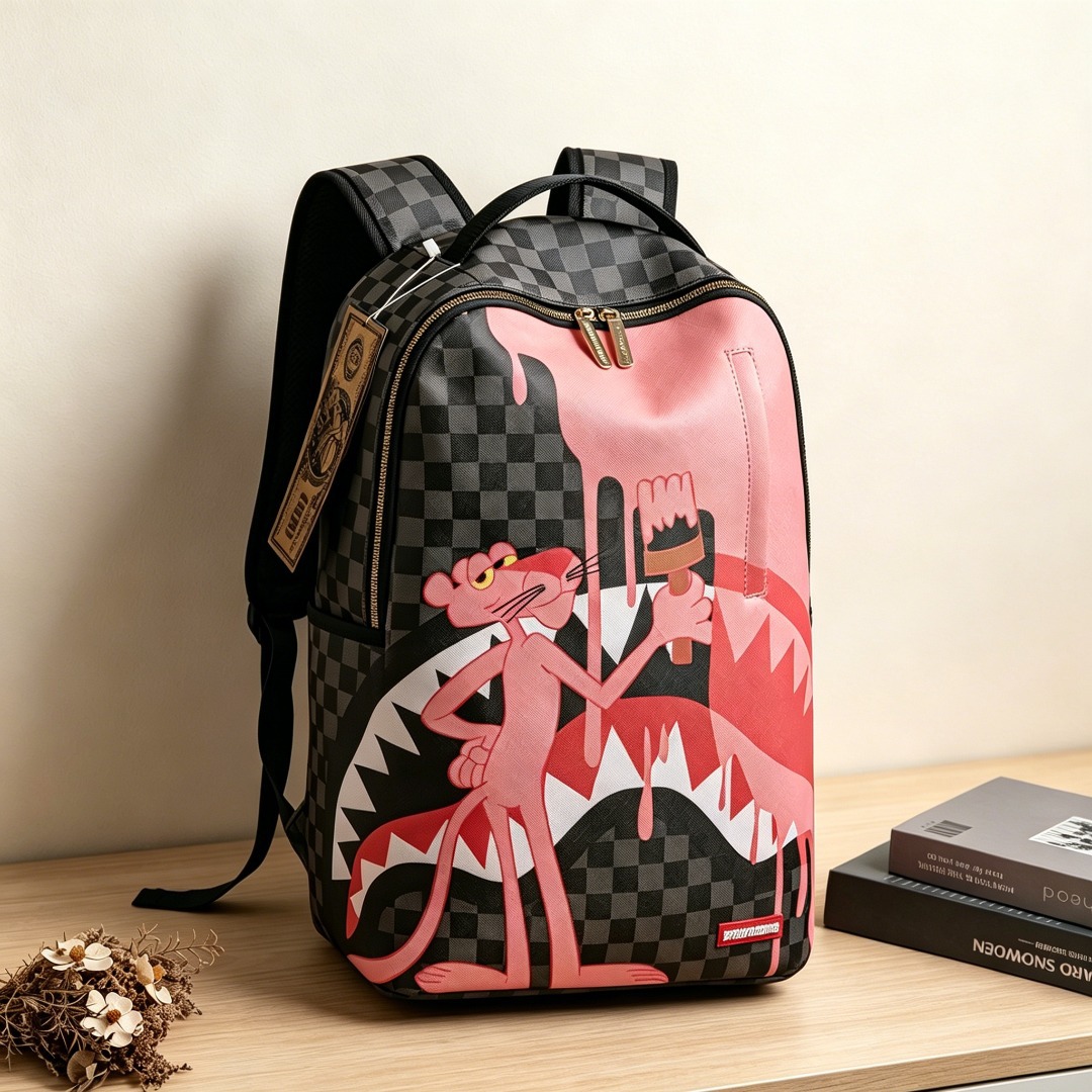Sprayground x Pink Panther Shark Backpack 20L Pink Paint Checkered