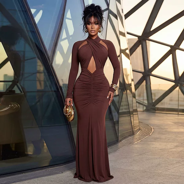 European and American Style Cross-Border Elegant Party Dress, Solid Color Bodycon Dress with a Sexy Bustier Design and Long Sleeves