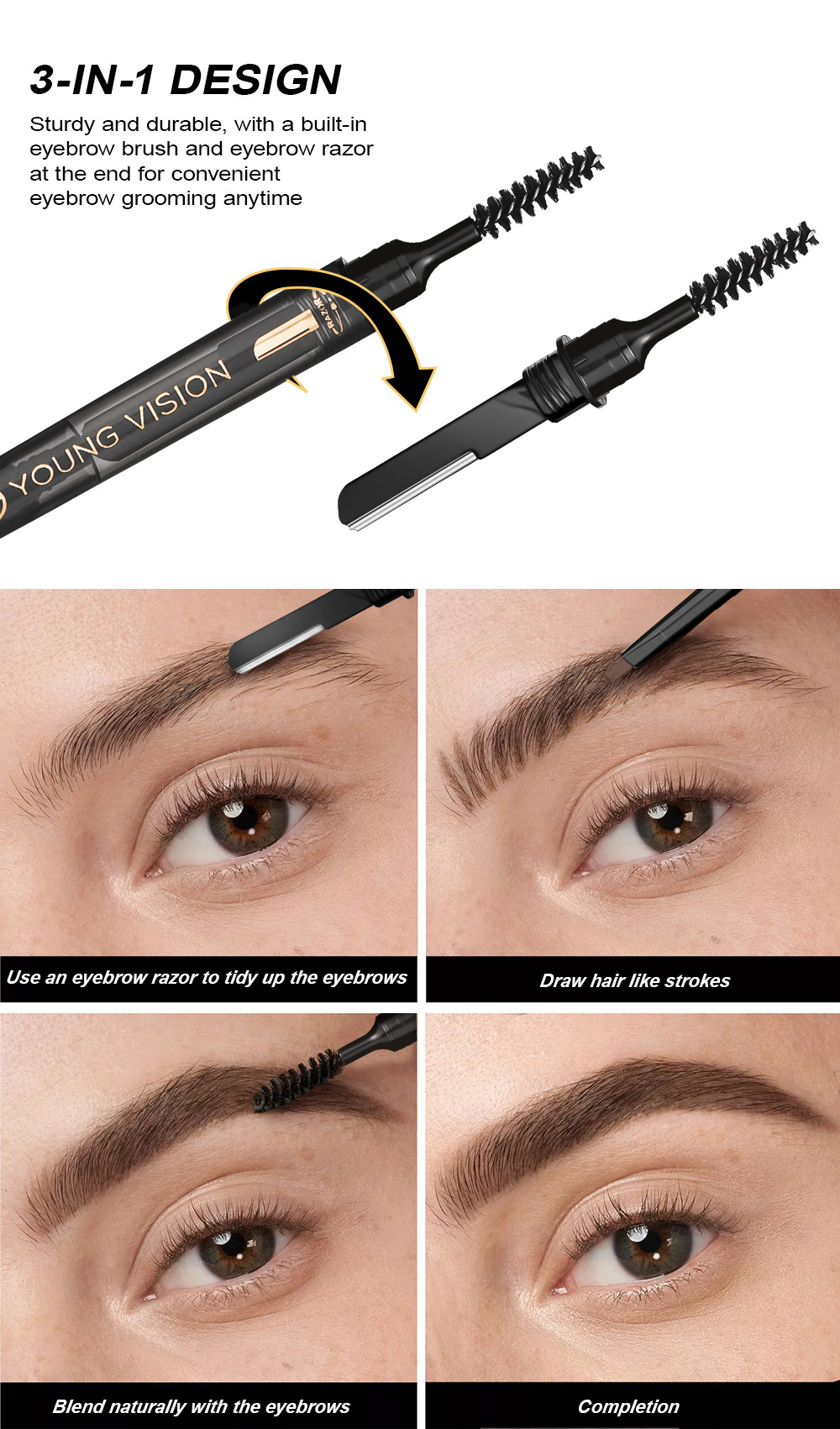YOUNG VISION's foggy three-in-one eyebrow pencil is not prone to smudging. It features a fine and soft brush and eyebrow blade undefined
