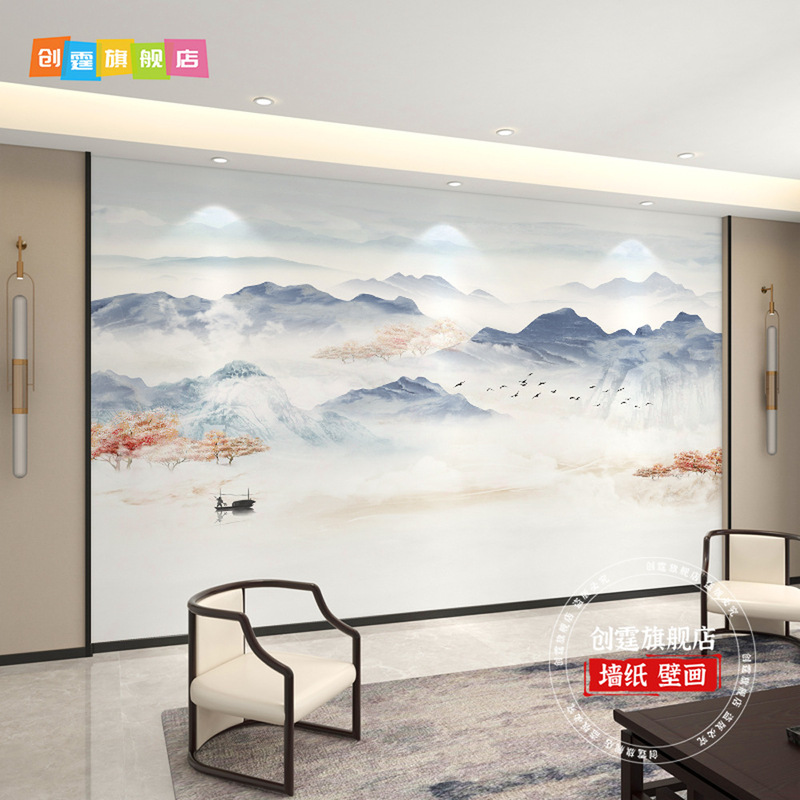 千里江山图电视背景墙壁布客厅新款中式壁纸3d立体壁画影视墙|undefined