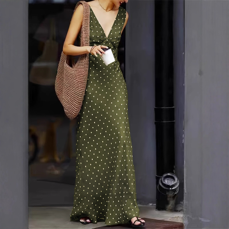 European and American Style Retro Satin Polka Dot Dress with a French Lace-Up Waist, Slimming V-Neck, Sleeveless Women's Long Dress