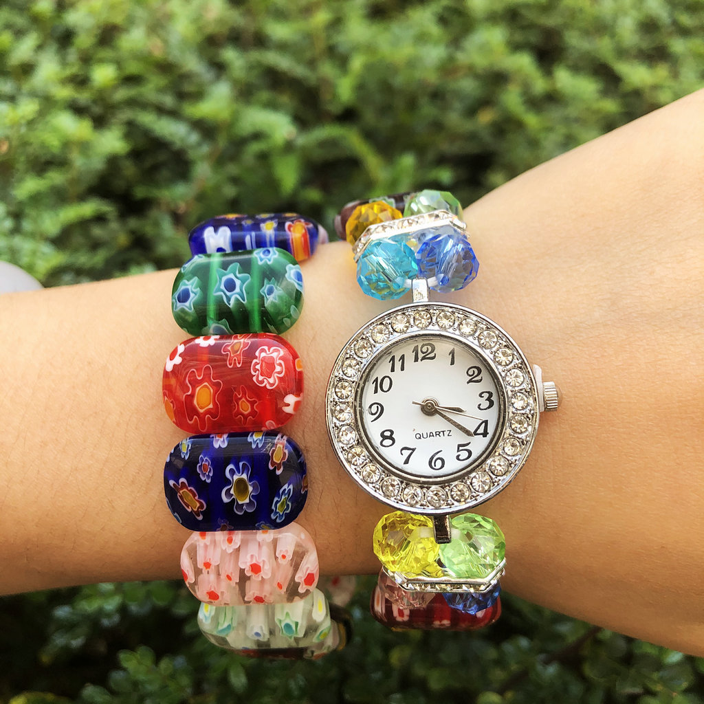 Random Mixed Color Colorful Glass Small Thousand Flower Bracelet Watch for Women Trendy Seven-Colorful Auspicious Diamond Watch for Students