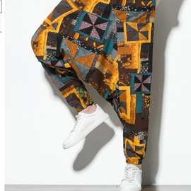 2024夏季外贸新款潮流中国风男休闲拼色花长裤棉麻宽松低档跨裤