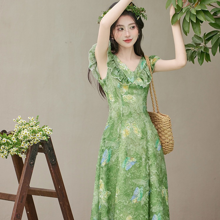 法式长裙纯欲风小清新绿色收腰连衣裙设计感小飞袖绝美蝴蝶仙女裙