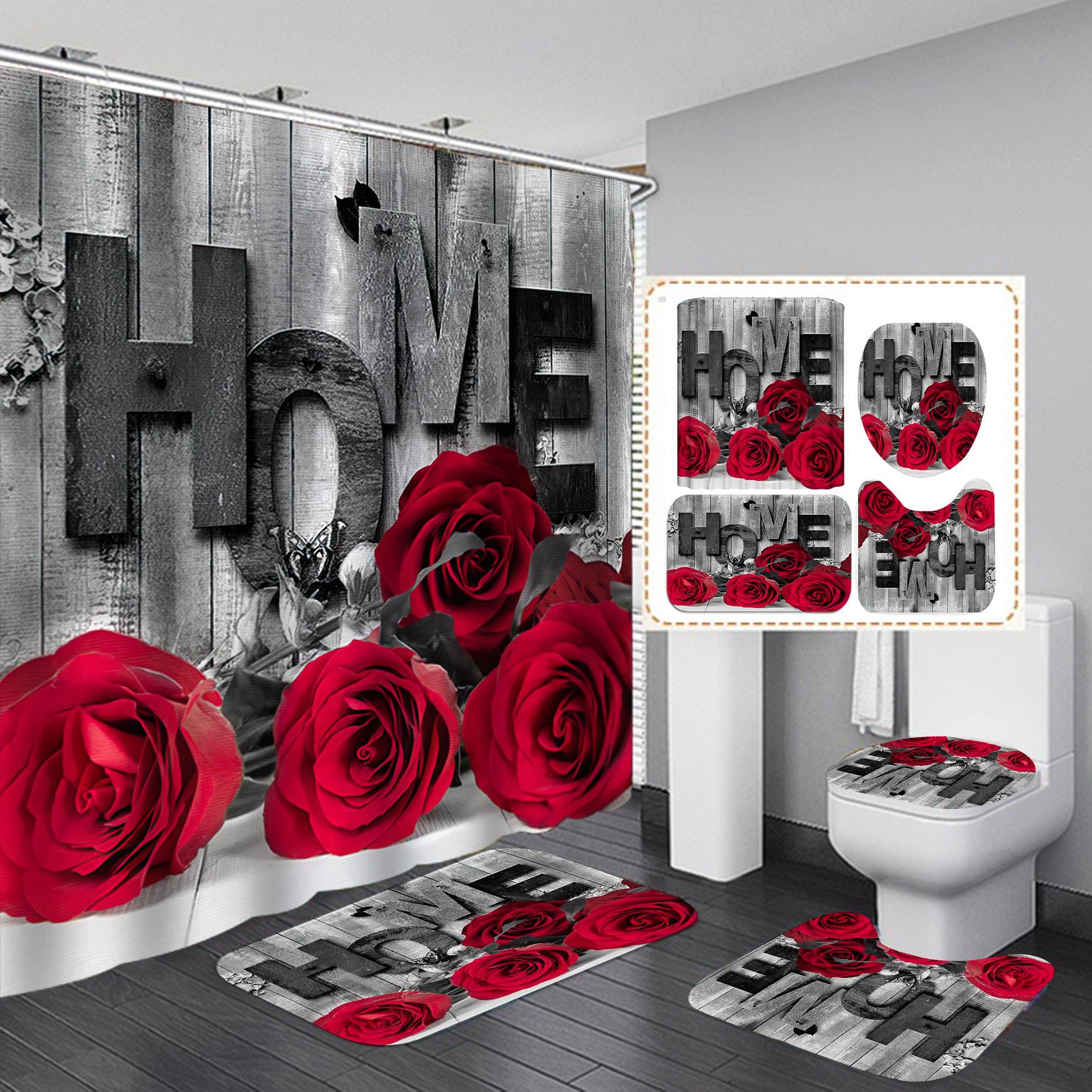 Cortina de baño de secado rápido impermeable inodoro alfombra de suelo conjunto de baño transfronterizo de cuatro piezas conjunto de impresión de rosas cortina de baño antideslizante