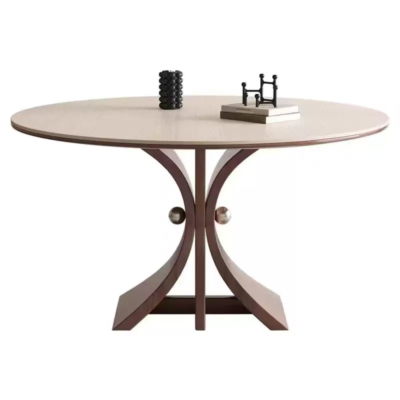Mesa de comedor de tablero de roca de travertino de madera maciza americana, hogar francés de celebridades de Internet, mesa redonda de tablero de roca de pequeño apartamento de estilo antiguo moderno