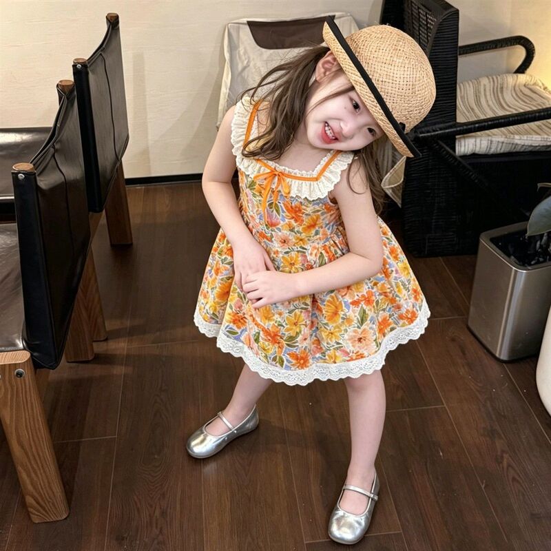 Girls' Summer Dress, Children's Vacation Style Seaside Cotton Princess Dress, Baby Girl Lace Vest Dress, Thin Style