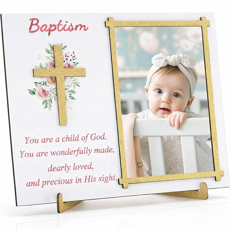 Independent Wooden Baptism Photo Frame Shower Party Photo Frame Display Stand with Printable Designs, Handmade Solid Wood