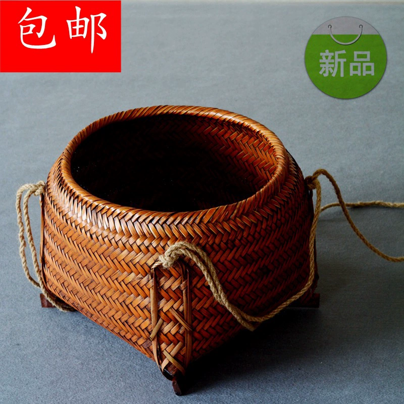 Ретро-корзина из бамбука с крышкой, корзина для риса на свадьбу, бытовая корзина для хранения в старинном стиле, большая корзина из бамбука, изящные плетеные изделия из бамбука