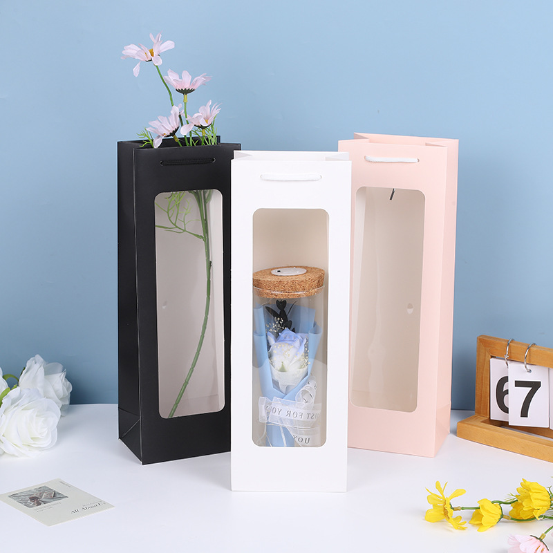 情人节礼品袋酒袋单支长方形礼物包装袋开窗透明手提纸袋加印logo