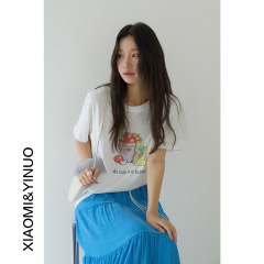 【欧凡】果物猫プリントビーズ半袖tシャツ女性2025夏の新型ゆるい痩せた上着2886