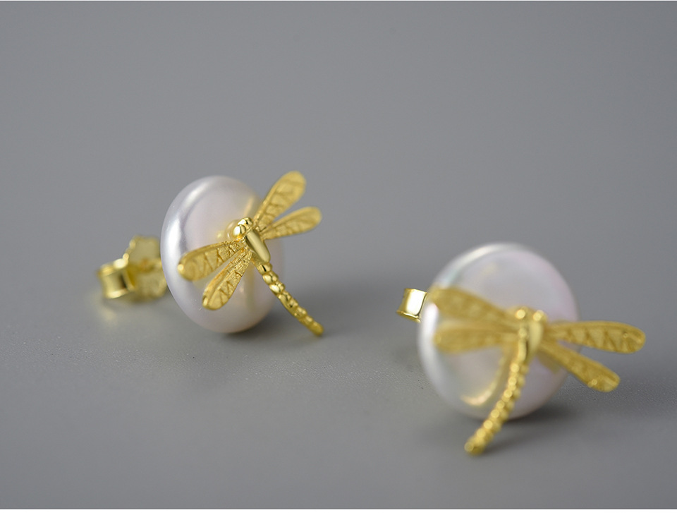 1 Paire Style Simple Libellule Placage Perle D'eau Douce Argent Sterling Boucles D'oreilles display picture 2